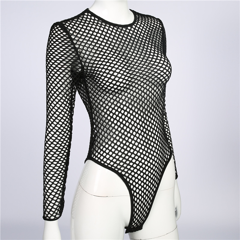 F5376-1Sexy Long Sleeve Mesh Transparent See Through Teddy Lace Fishnet Bodysuit 